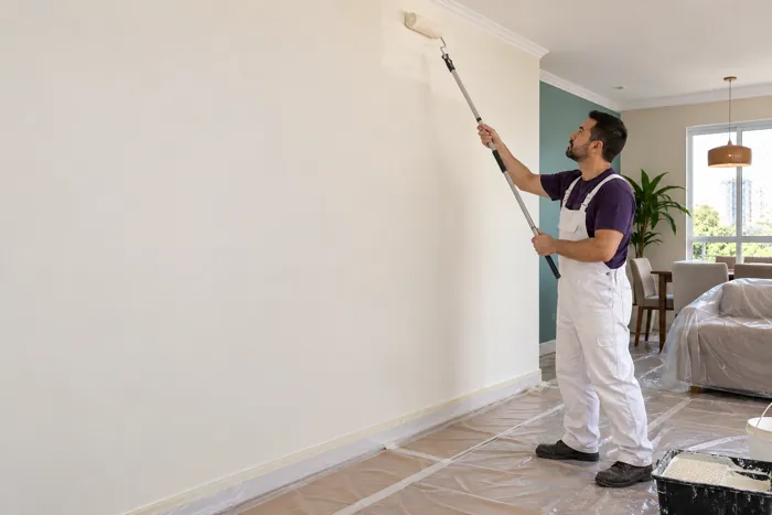 Profissional aplicando tinta em parede com rolo de extensão